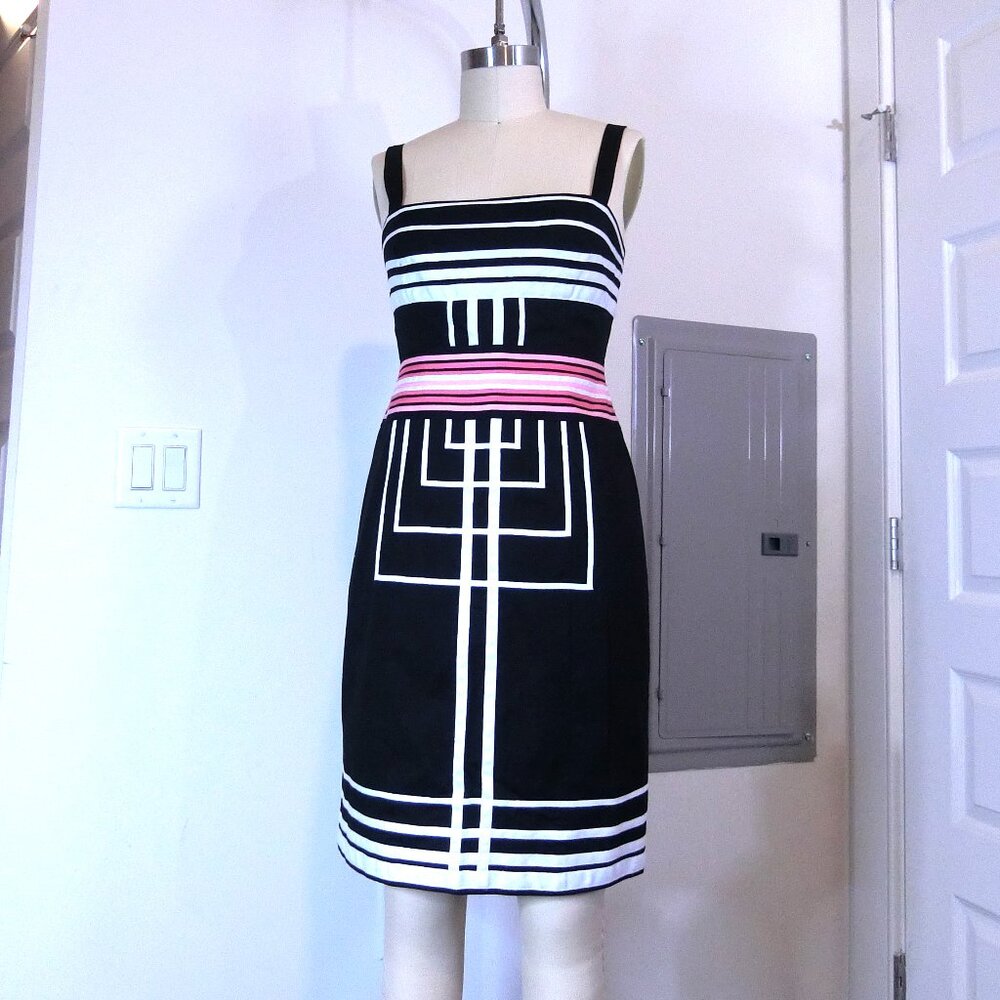 Karen Millen Graphic Stripe Dress Black White Pink Bow Back Zip Size 8